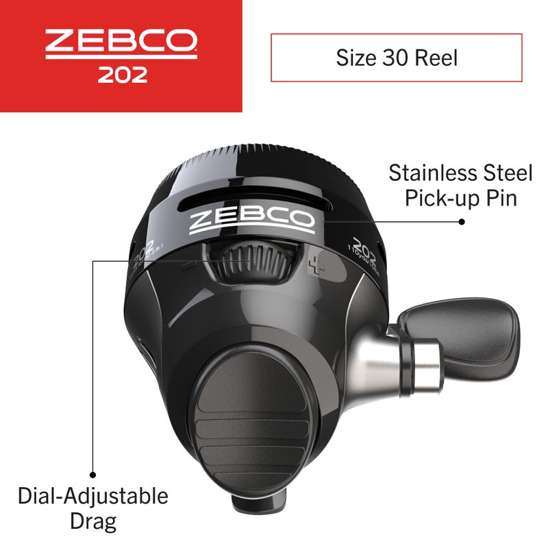 Zebco 202 Spincast Fishing Reel, Size 30 Reel, Right-Hand Retrieve, Durable All-Metal Gears, Stainless Steel Pick-up Pin, Pre-Spooled with 10-Pound Zebco Fishing Line, Black - Image 2